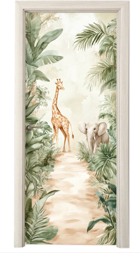 Deurposter 80x205 cm - Deursticker Jungle - Giraf - Olifant - Groen - Natuur - Meubelfolie zelfklevend - Deurfolie woonkamer - Interieurfolie kinderkamer - Kamer decoratie - Babykamer accessoires - Deurbehang sticker