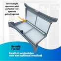 Grijs pluizenfilter, toont een pijl die wijst naar een deel dat "eenvoudig te openen en sluit perfect af" is.