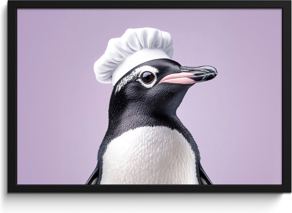 FrameYourWall Fotolijst inclusief poster - Posterlijst 60x40 cm - Posters - Pinguïn - Koksmuts - Lief - Paars - Foto in lijst - Keuken decoratie muur - Wanddecoratie accessoires - Muurdecoratie - Schilderijen Koksmuts - Pinguïn
