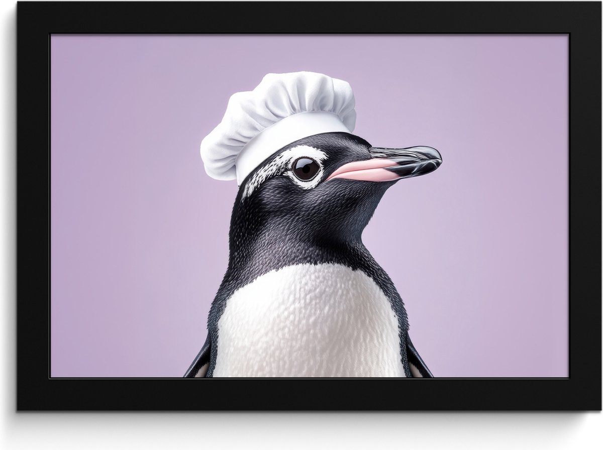 FrameYourWall Fotolijst inclusief poster - Posterlijst 30x20 cm - Posters - Pinguïn - Koksmuts - Lief - Paars - Foto in lijst - Keuken decoratie muur - Wanddecoratie accessoires - Muurdecoratie - Schilderijen Koksmuts - Pinguïn