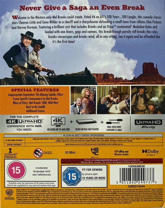 De achterkant van de Blazing Saddles 4K Ultra HD Blu-ray, met een bioscooprecensie en speciale kenmerken.