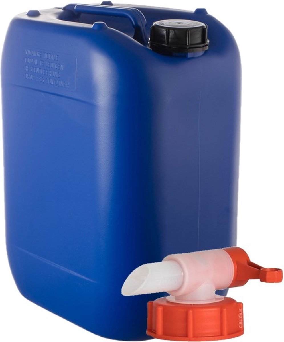 Jerrycan 20 Liter blauw | met kraan | geschikt voor water | UN gekeurd | benzine | handig stapelbaar | food grade | inclusief dop | totaal te legen | noodpakket