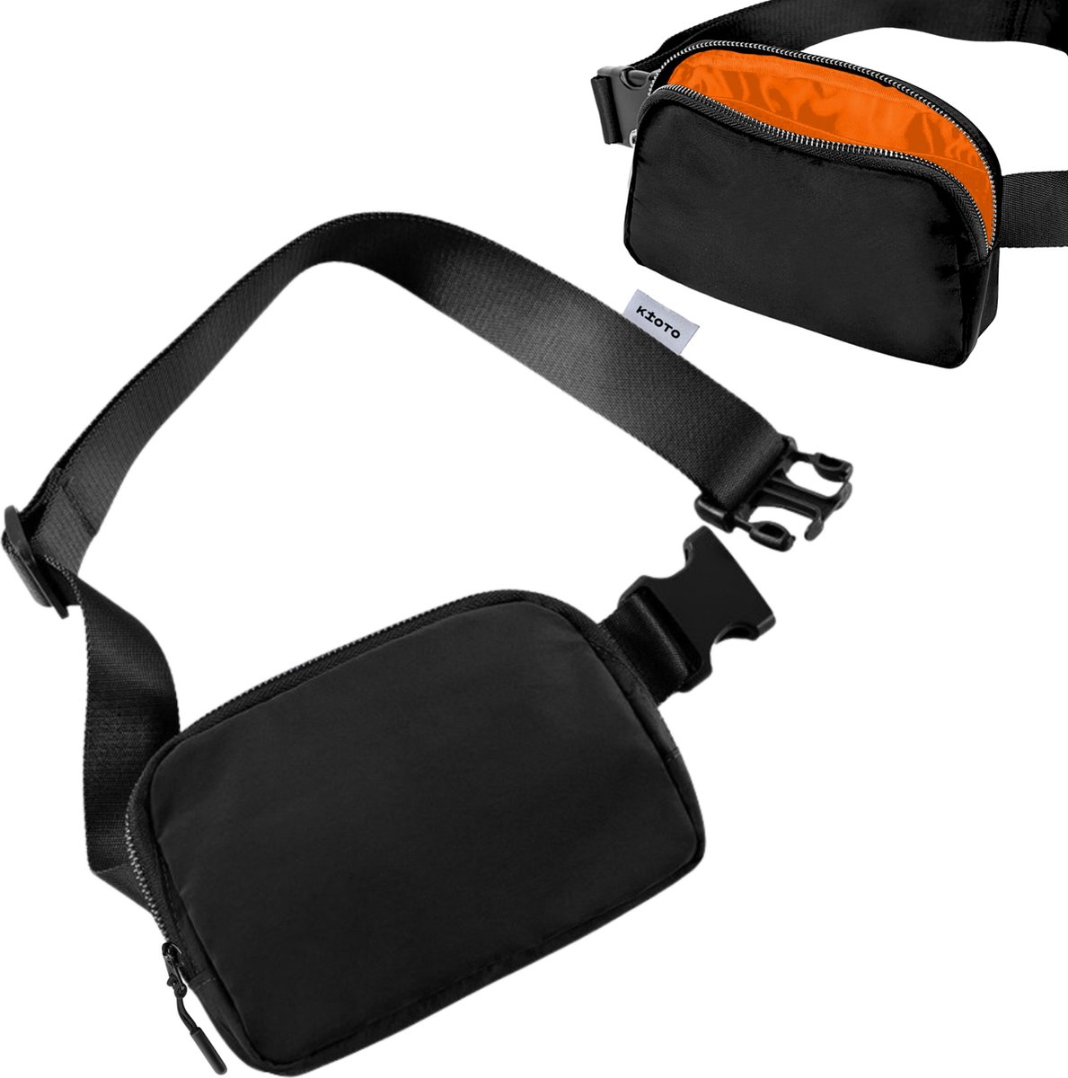 Kioto Heuptas - Oranje binnenkant - Telefoontasje Crossbody - Heuptasje Dames en Heren - Fanny Pack - Heuptas - Wandelen en Festival - Zwart