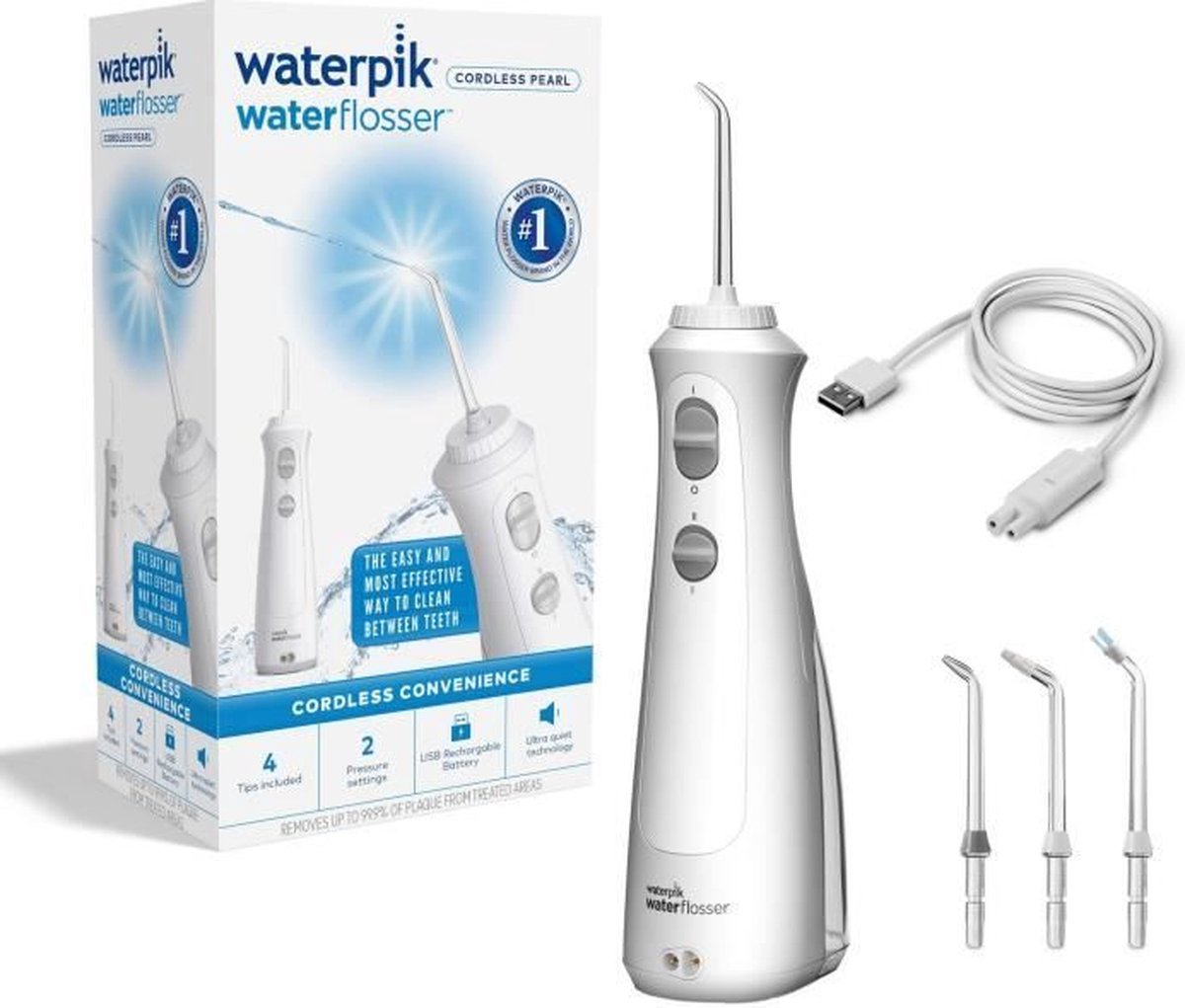 Tandheelkundige Jet - WATERPIK - WF-13 Pearl - Wit - Snoerloos - Oplaadbaar - 2 drukniveaus - 4 tips