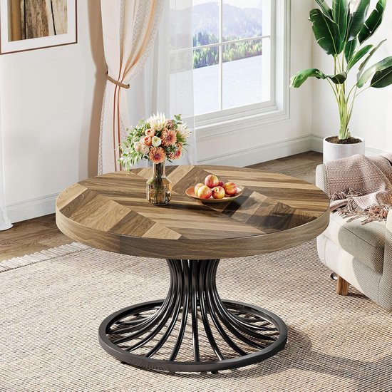 Table basse industrielle ronde en bois de manguier Tribesigns 79 cm - avec base en métal élégante - Marron rustique et Zwart - Table basse - Table d'appoint - 79 x 79 x 45 cm