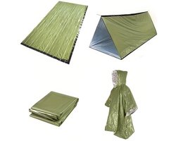 Noodonderkomenssets, overlevingsonderkomen 1 overlevingstent 1 Mylar-dekens 1 noodslaapzak 1 poncho voor buiten autocarkits, kamperen, wandelen, Aardbeving voorbereiding - groente