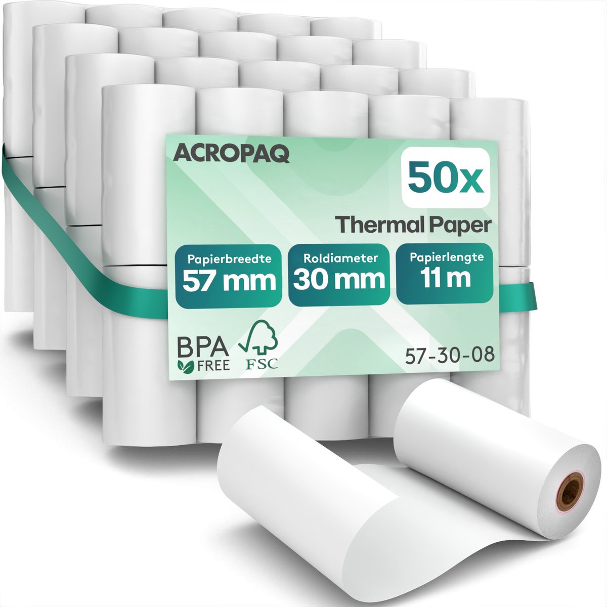 ACROPAQ - 50 x Pinrollen 57x30 mm - 11 meter - Thermisch papier BPA-vrij - Kassarollen voor betaalterminal