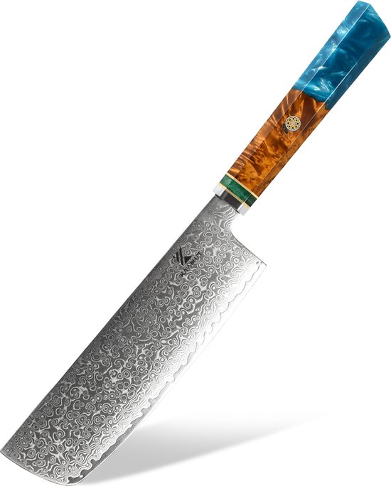 Couteau de chef japonais professionnel Nakiri KAAMUT® - 18 cm - Acier Damas 67 couches, tranchant comme un rasoir et durable - Manche en époxy bleu saphir et chêne - Coffret cadeau de Luxe