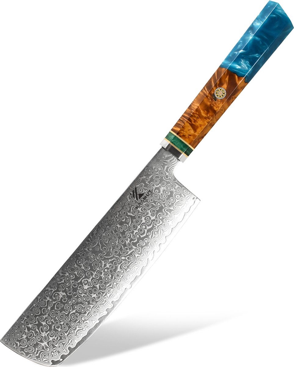 KAAMUT® Nakiri Groentenmes 18 cm 67 Lagen Damascusstaal – Vlijmscherp – Professioneel Koksmes – Handvat van Saffierblauwe Epoxy & Eikenhout