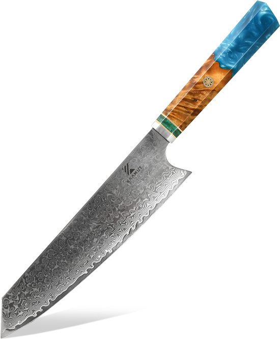 Couteau de chef japonais professionnel Kiritsuke Kaamut® - 20 cm - Acier Damas 67 couches, tranchant comme un rasoir et durable - Manche en époxy bleu saphir et chêne - Coffret cadeau de Luxe