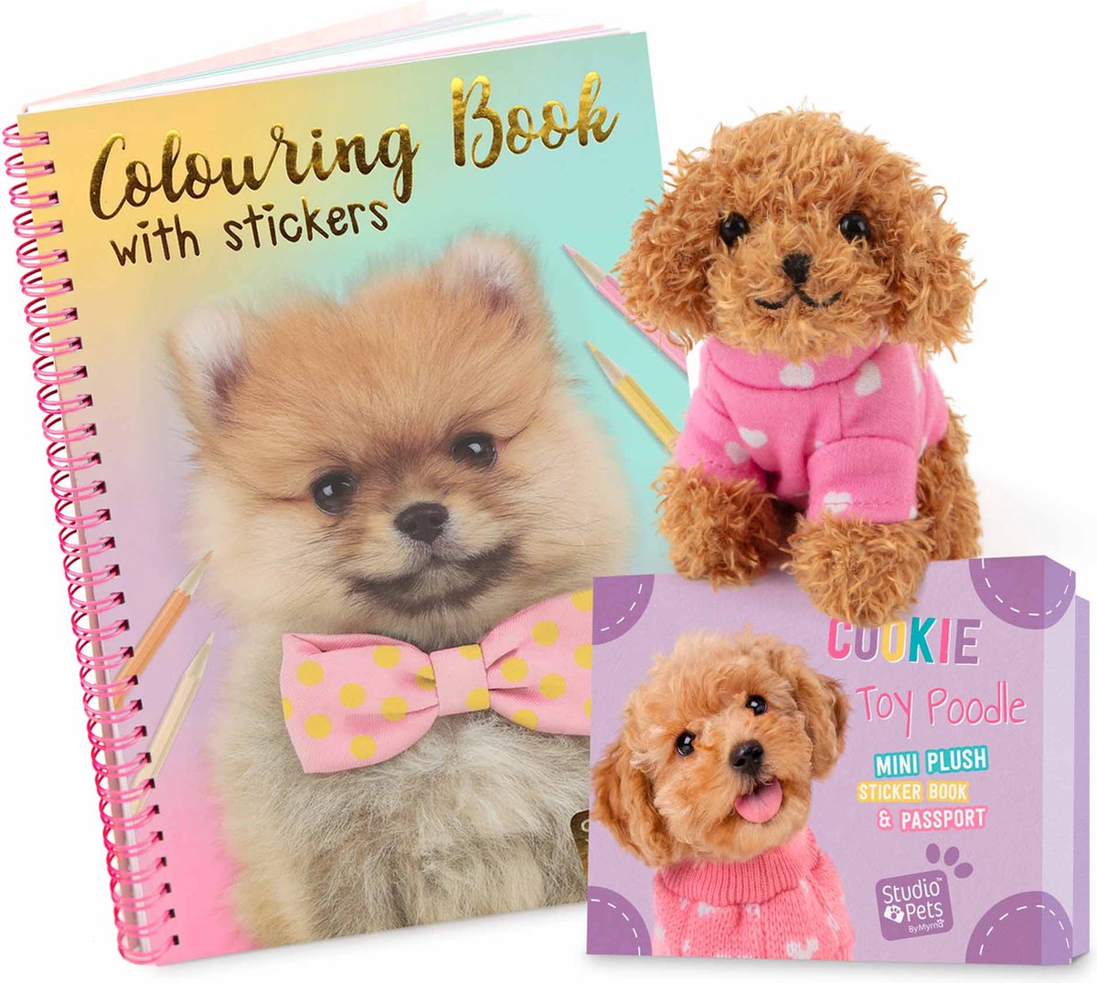 Studio Pets® Cadeauset – Mini Hond knuffel Cookie de Toy Poedel (8 cm) + Koffer, Paspoortje en Honden Kleurboek – Perfect Cadeau voor Kinderen