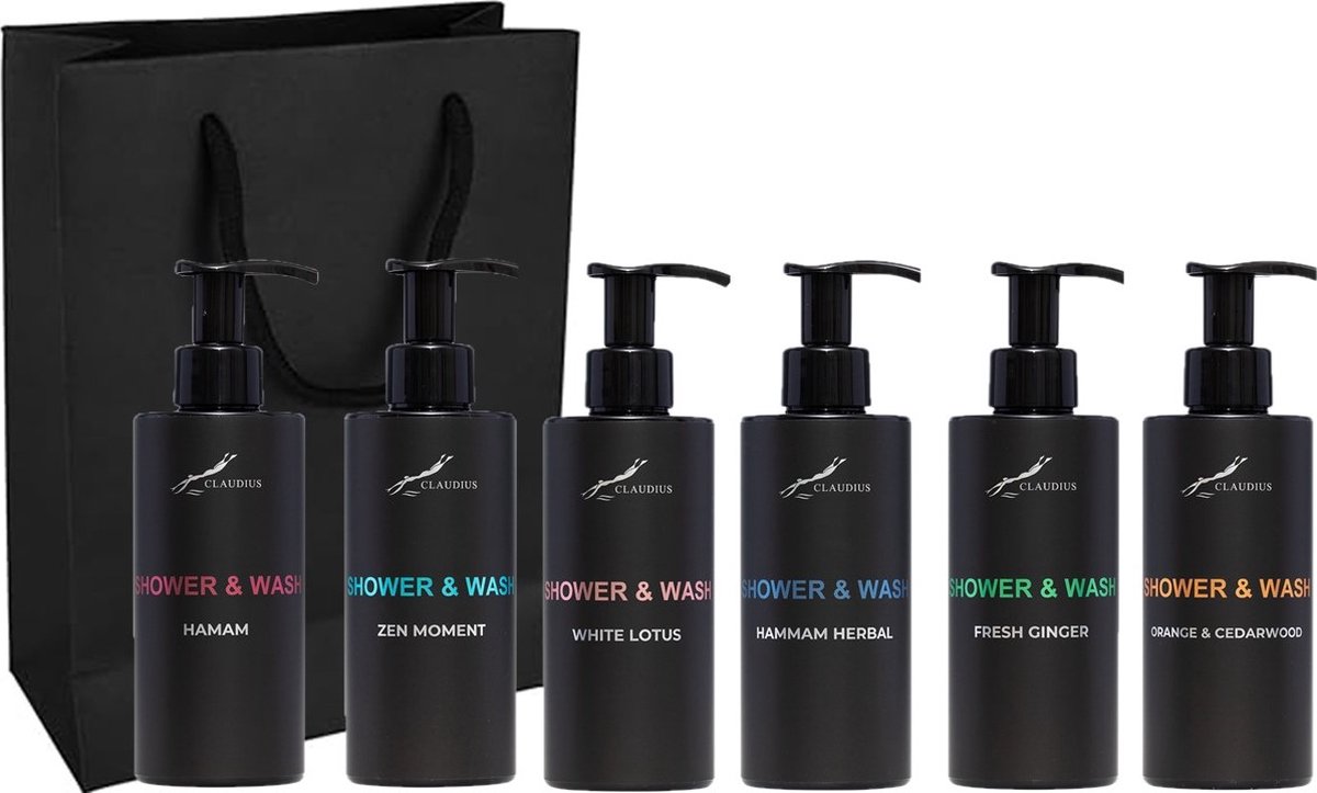 Goedkoopste Shower & Wash Set - Fresh Ginger Hamam Hammam Herbal Sweet Orange & Cedarwood White Lotus en Zen Moment - bodycare - met luxe gift tas - set van 6 stuks - Cadeau - giftset voor hem en haar
