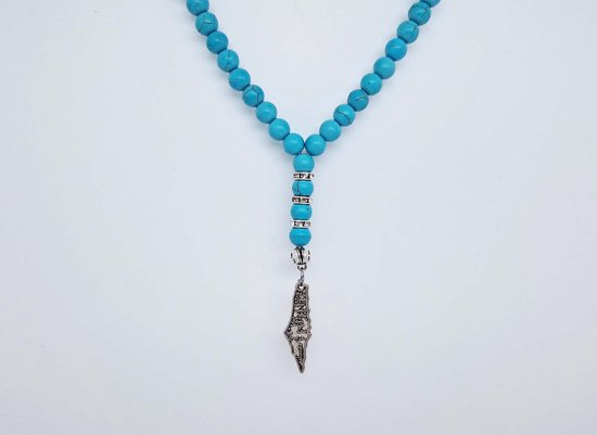 Pendentif de voiture en pierre naturelle fait main "Turquoise" - Avec pendentif en métal "Palestine" - Diamètre du grain 8 mm - Bel accessoire et décoration pour la voiture