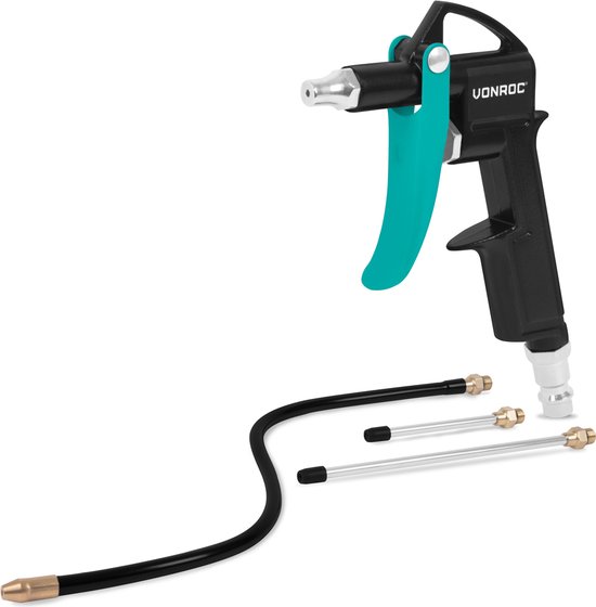 VONROC luchtpistool met zwarte handgreep, turquoise trekker, metalen spuitstuk en accessoires: een flexibele slang en twee rechte spuitstukken.