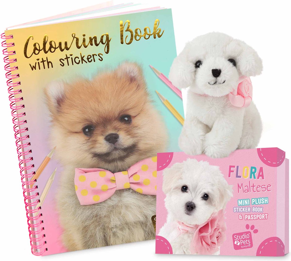 Studio Pets® cadeauset mini Maltezer knuffel Flora 8 cm met koffertje – inclusief paspoortje en honden kleurboek – cadeau voor kinderen