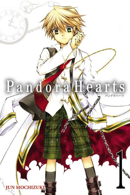 Jongeman met blond haar, groene ogen, gekleed in een wit jasje met rode en gouden accenten, en een geruite broek. "Pandora Hearts Vol 1".