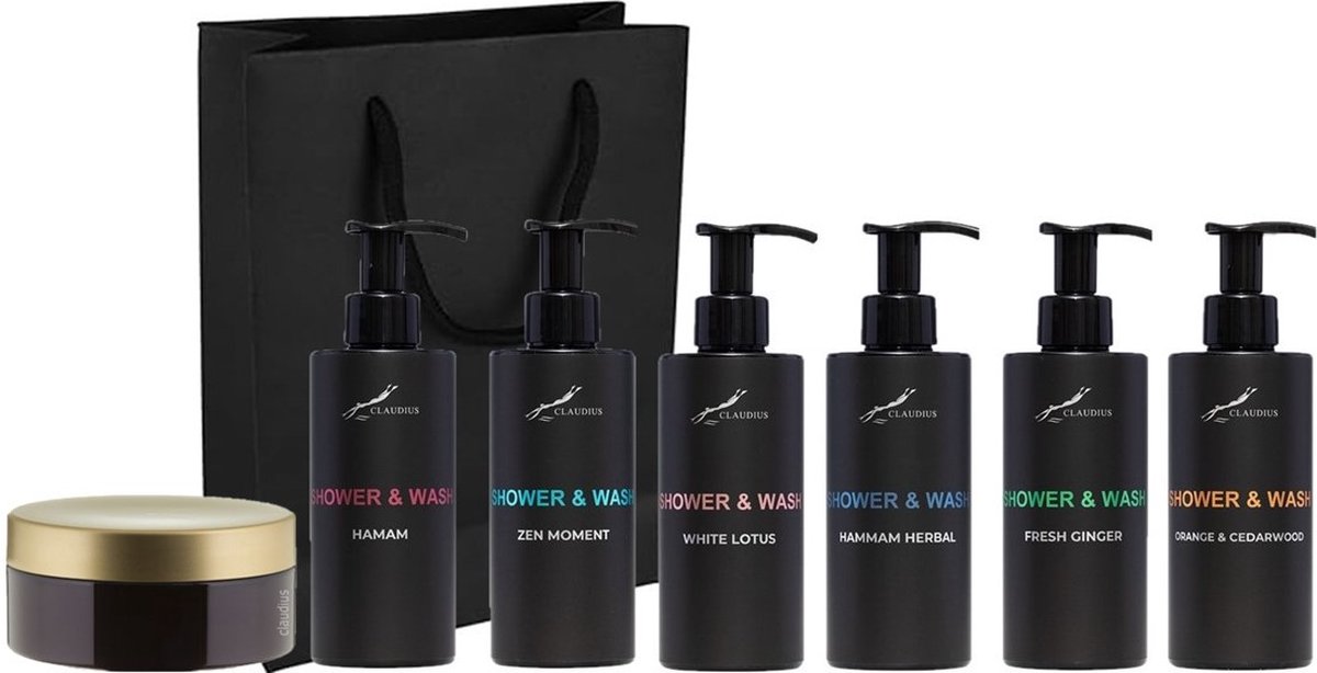 Goedkoopste Shower & Wash Set - Fresh Ginger Hamam Hammam Herbal Sweet Orange & Cedarwood White Lotus Zen Moment en Scrubzout 300 gram - Claudius Cosmetics - bodycare - met luxe gift tas - set van 7 stuks - Kerst Cadeau - giftset voor hem en haar