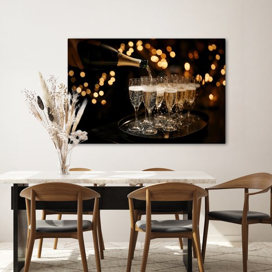 Peinture sur toile 120x80 cm - Décoration murale Lumières - Champagne - Plateau - Verres - Accessoires de Décoration murale - Décoration murale Cuisine - Peintures sur toile