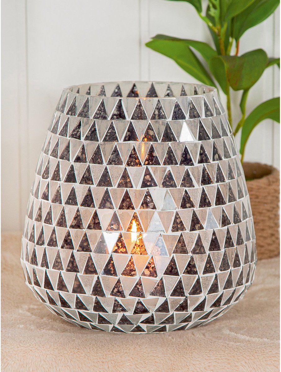 kaarshouder windlicht disco triangle mozaiek zwart grijs wit H 17cm