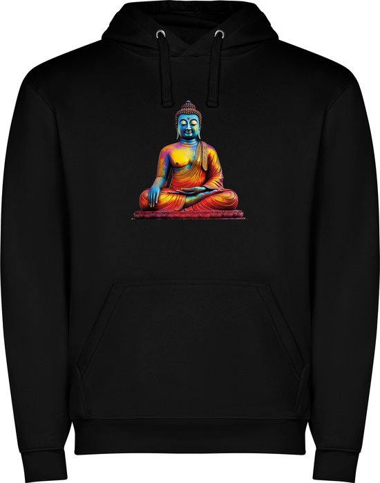 Zwarte unisex hoodie met “ Kleurrijke Boeddha – Zen – Meditatie – Zorgen voor jezelf “ Print Full Color merk Roly maat M