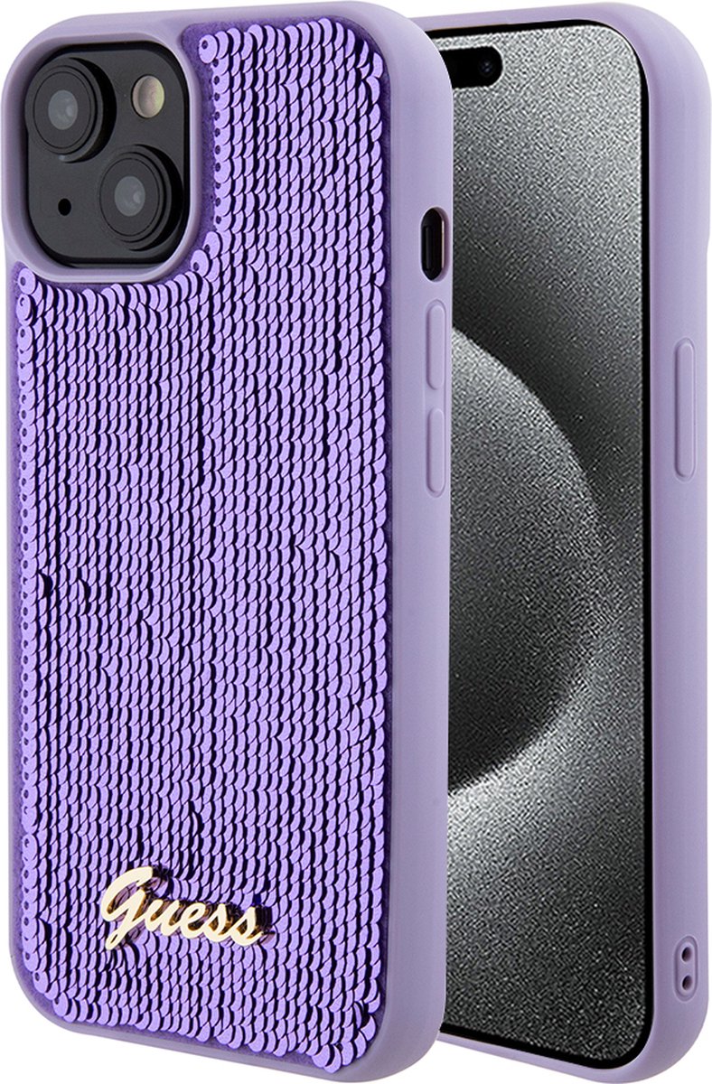 Guess Sequins Script Logo Back Case - Geschikt voor Apple iPhone 15 (6.1") - Paars