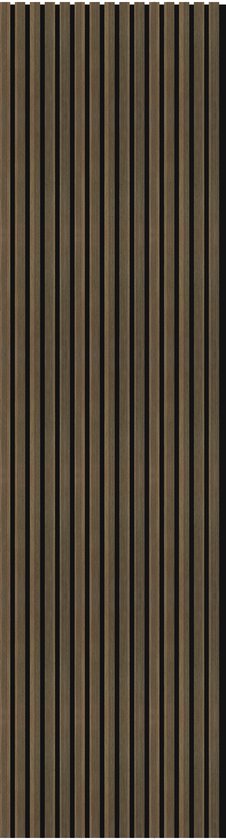 Akoestisch wandpaneel met verticale lamellen in gerookte walnootkleur.