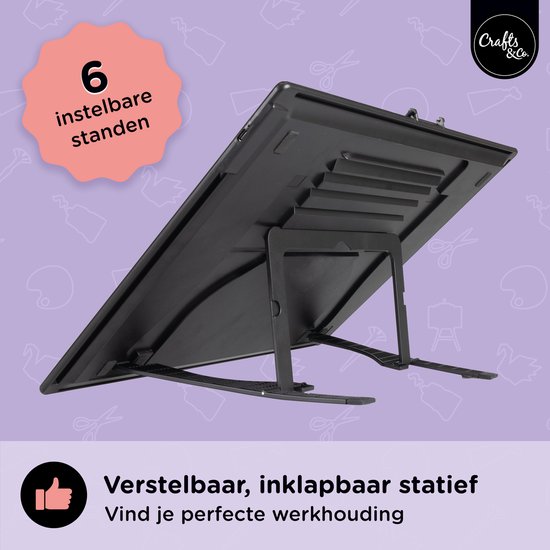 Vue arrière d'une tablette lumineuse montrant un support réglable et pliable en six positions.