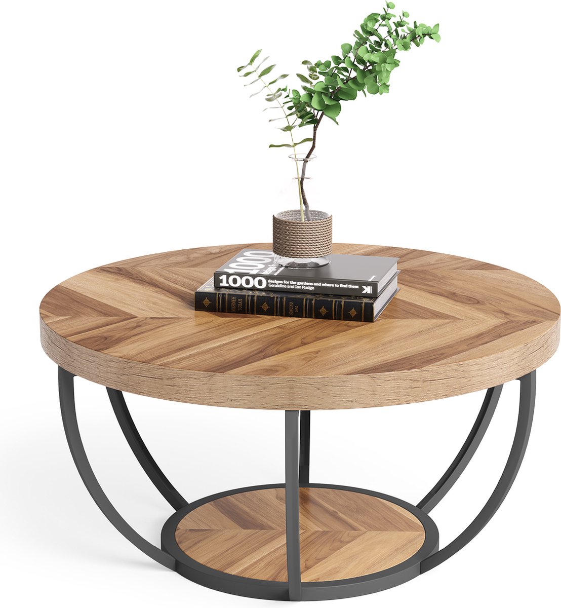 Tribesigns Salontafel - Rond 80CM - Bijzettafel - Woonkamertafel - Tafel - Koffietafel - Duurzaam - Houtnerf & Zwart - 100% - Banktafe Houtnerf en zwart