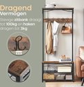 Kapstok met bruine houten planken, zwarte metalen frame, 15 haken, schoenenrek en details van de stevige constructie.