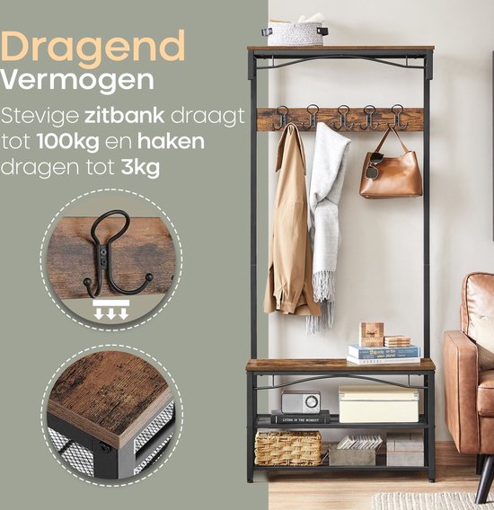 Kapstok met bruine houten planken, zwarte metalen frame, 15 haken, schoenenrek en details van de stevige constructie.