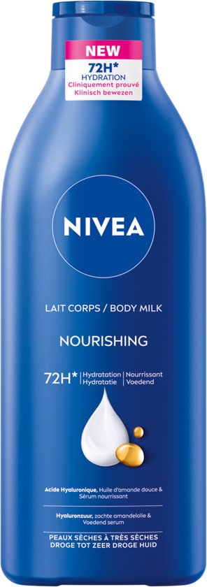 Foto: Nivea verzorgende body milk met hyaluronzuur zachte amandel olie en voedend serum body melk met 72 uur hydratatie voor droge tot zeer droge huid 400 ml