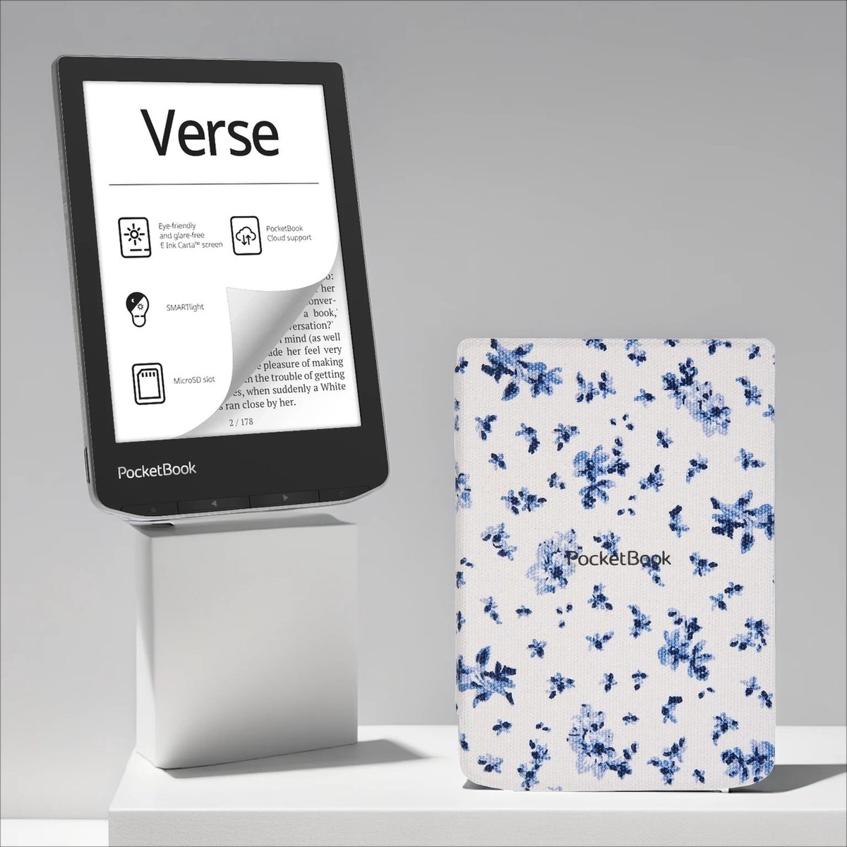 PocketBook Verse Mist Grey + Bloemen PocketBook hoesje