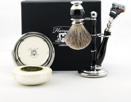 Complete scheerset voor mannen, Haryali London-scheerset voor mannen, met 5-randscheermes, scheerkwast, scheerstandaard, scheerkom en zeep, beste scheerset voor herenscheren in zwarte kleur