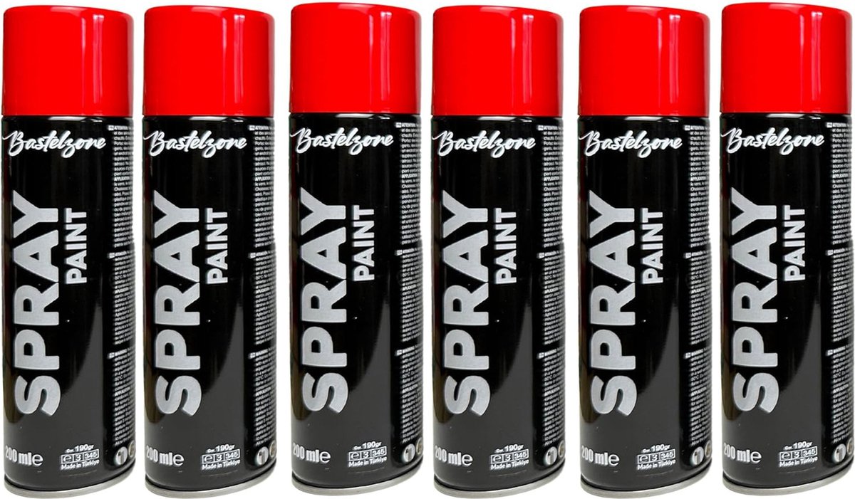 Spuitverf set 6 x 200 ml - rood. Sneldrogende graffiti-spuitbussen voor hout, steen, metaal, glas. rood (RAL 3020)