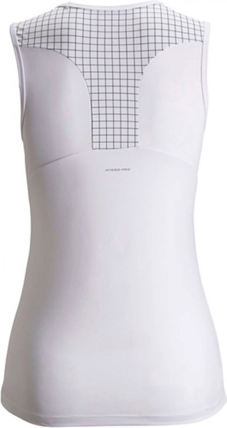 Achterkant wit sportshirt zonder mouwen met mesh rasterpatroon op bovenrug. Björn Borg "HYDRO-PRO" logo zichtbaar.
