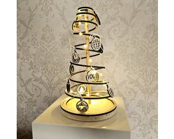 De Houten Spiraal Kerstboom| Met Houten decoraties en lampjes| Kleine Kerstboom met verlichting| Inklapbaar| Leuk Relatiegeschenk| Origineel Sinterklaas cadeau