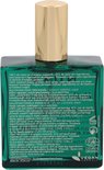 Achterkant van een groene Nuxe Huile Prodigieuse Néroli fles met gouden dop, met ingrediëntenlijst.