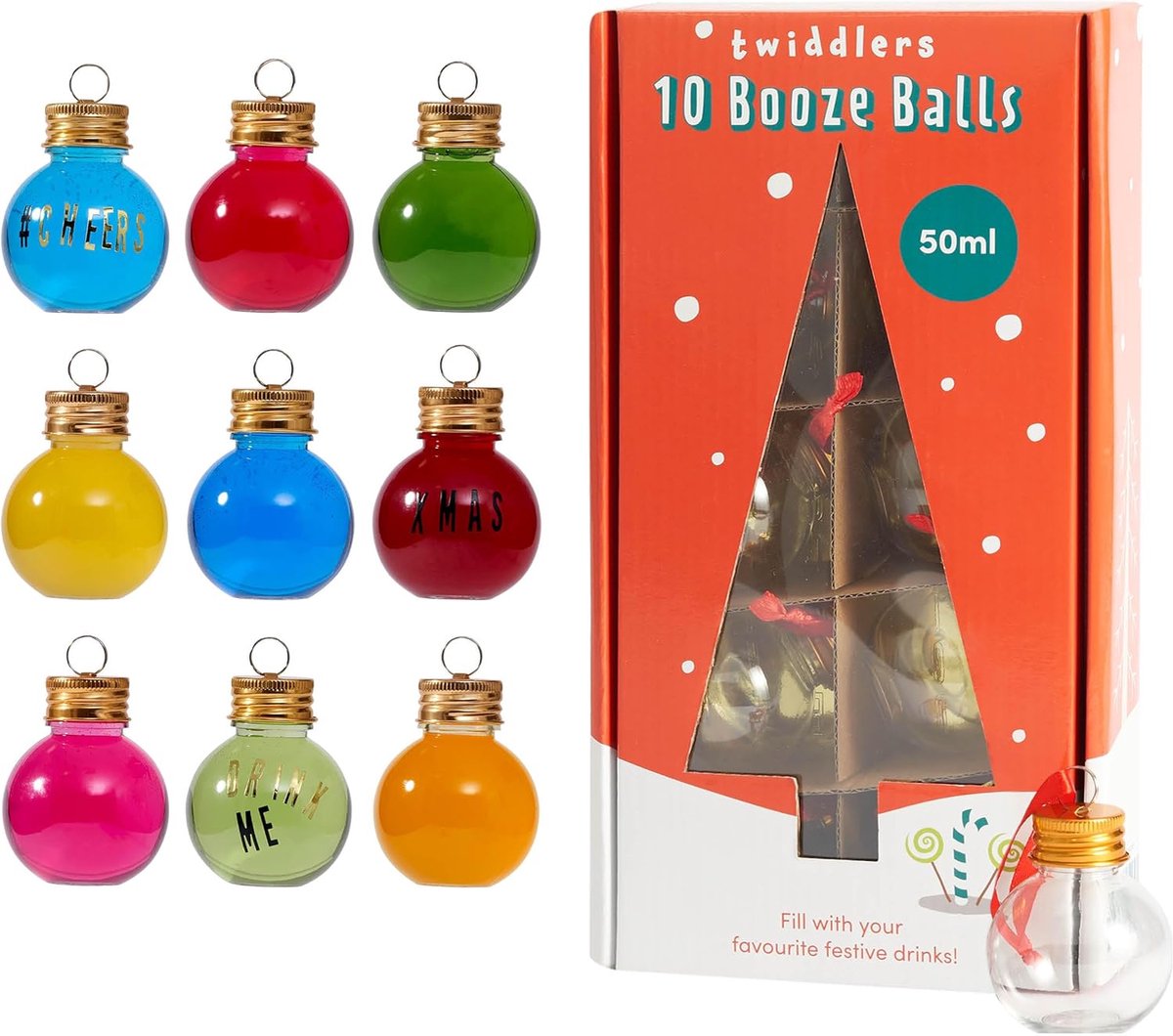 The Twiddlers – 10 Vulbare Kerstballen met Labels, 50ml – Voor Drankjes & Snoep – Kerstboomversiering & Klein Geschenk
