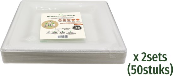 BIO Wegwerp Borden - van Suikerriet - Vierkant - 20x20cm - 50 Stuks - Composteerbaar en Duurzaam - Feest/verjaardag/BBQ borden