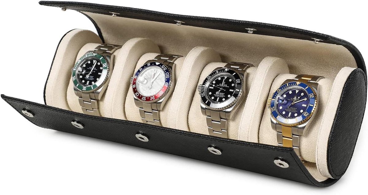 Echt saffiano lederen opslag horloge case voor 4 horloges - handgemaakt - reizen horloge draagbare case - verwijderbare kussens - zwart