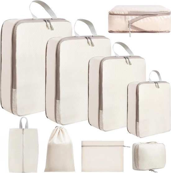 Foto: Inpakblokjes voor koffer uitschuifbare reisorganisatoren waterdichte inpakblokjes reisbenodigdheden cosmetische organisator bagage organiser set reizen beige