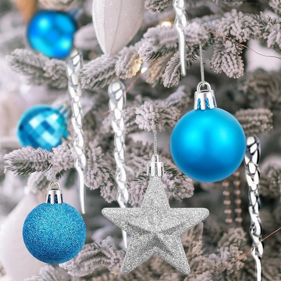 Set de décorations de sapin de Noël de 103 pièces avec Ornements bleu argenté et Siècle des Lumières LED - Boules de Noël Glitter - Cime d'arbre et assortiment de vacances