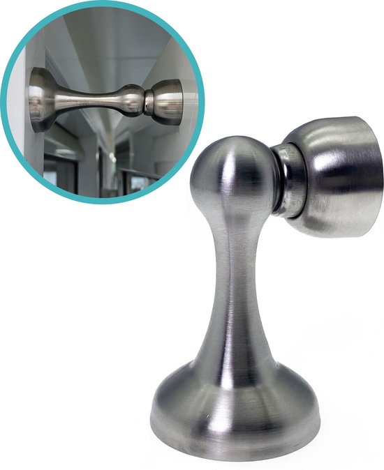 Zilverkleurige magnetische deurvastzetter met close-up inset die het magnetische deel toont.