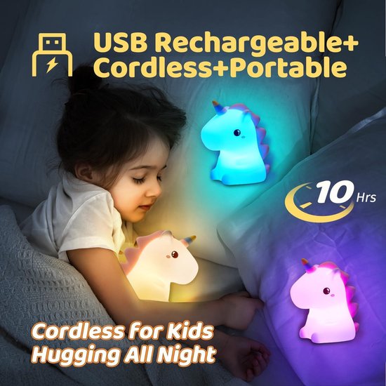 Mrs. Jones Nachtlampje voor kinderen 16 RGB-kleuren dimbaar USB-oplaadbaar eenhoorn cadeaus meisjes kinderkamer lantaarn bedlampje . — afbeelding 5