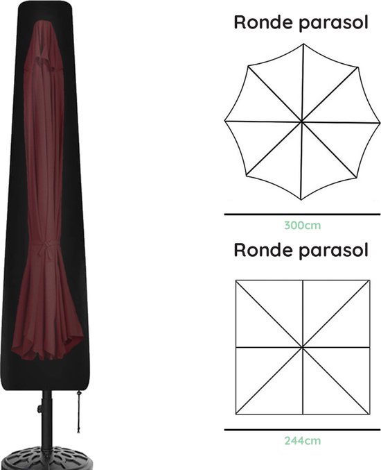 Bordeauxrode parasol opgevouwen in zwarte hoes, met maattekeningen van ronde parasols.