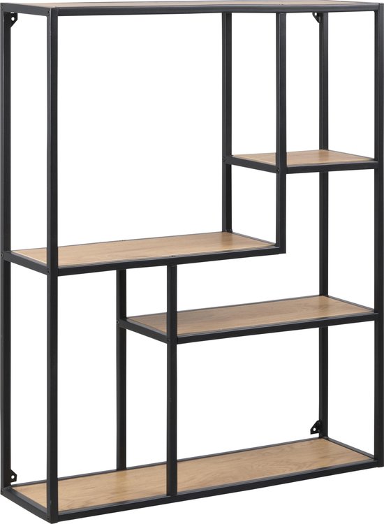 Sea boekenrek met 5 planken in eiken decor en zwart metaal.