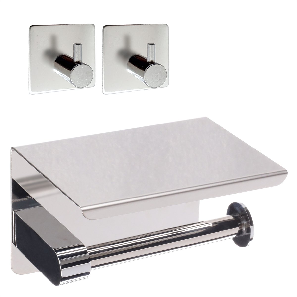 Sanics® WC Rolhouder Zilver – Toiletrolhouder zonder Boren – WC Papier Houder Met Plankje - Zelfklevend - RVS - +2 Zelfklevende Handdoekhaakjes
