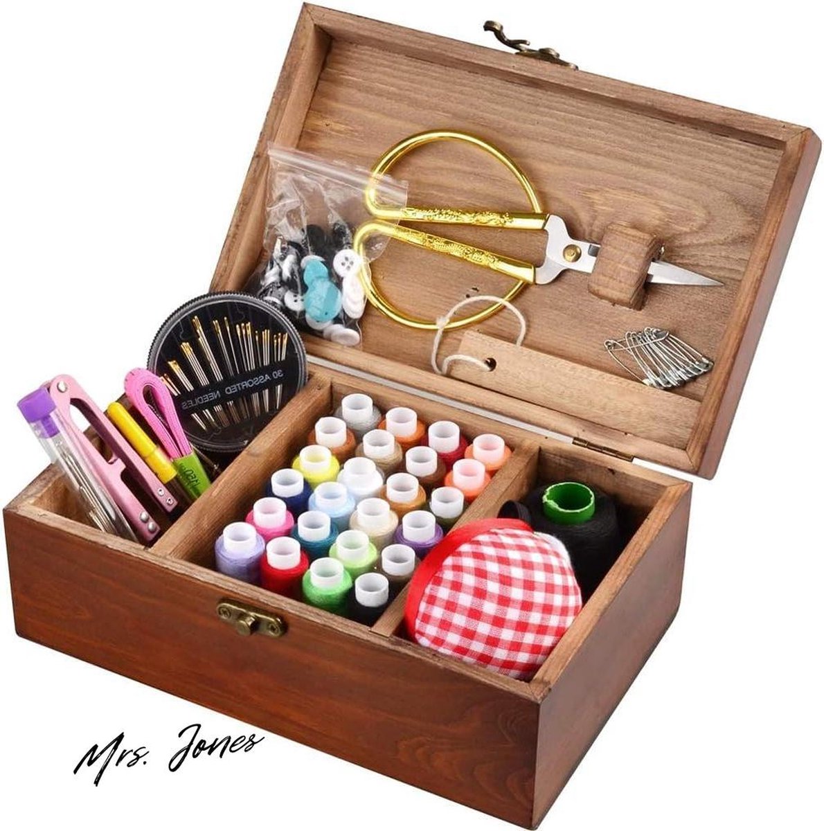 Mrs. Jones Houten Naaimand Meer dan 110 Stks Premium DIY Naaibenodigdheden Accessoires Draagbare Mini Naaikits met Houten Opbergdoos voor DIY Volwassenen Kids Beginners Reiziger en Emergency Kleding Fixes .