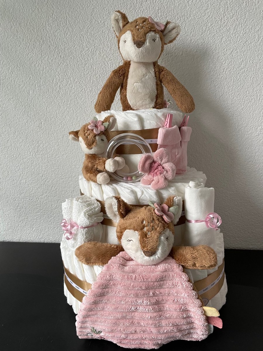 Image of 3-Laags Luiertaart Little Dutch Fairy Garden Hert Meisje Roze