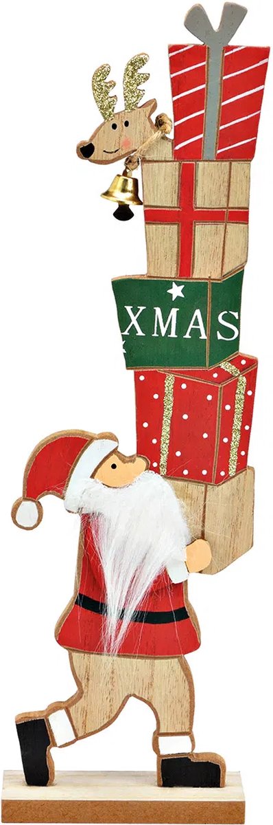 Houten kerstdecoratie kerstman met stapel cadeaus 30cm hoog